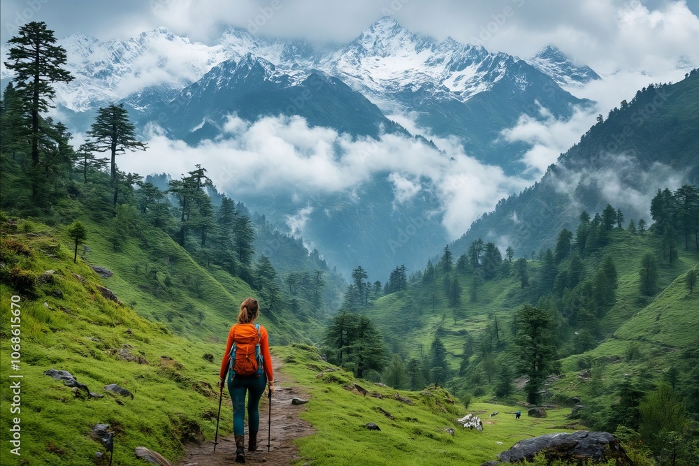 A person walking on a trail in the mountains A person walking on a trail in the mountains