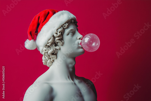 
god in Santa hat , blowing bubblegum. Greek statue,modern art, pop culture fusion, contemporary decor, trendy advertisement, youth fashion campaigns, quirky interior design, isolated background photo