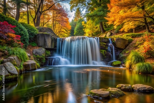 Serene Minimalist Waterfall in Park Setting, Tranquil Natural Landscape, Lush Greenery, Peaceful Escape, Calming Water Flow, Autumn Colors, Idyllic Retreat, Nature Photography