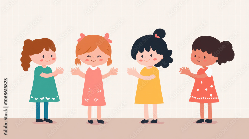 Four cheerful cartoon girls are happily interacting, dressed in colorful outfits against a light background, embodying friendship and joy. Four cheerful cartoon girls are happily interacting, dressed in colorful outfits against a light background, embodying friendship and joy.