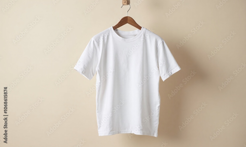 Mockup White t shirt wooden hanger pale background Mockup White t shirt wooden hanger pale background