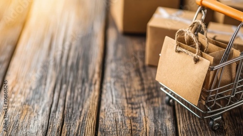 Shopping cart with cardboard boxes and paper bags on a rustic wooden table representing retail commerce and consumerism in a store or supermarket setting