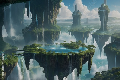 Floating islands above a futuristic city or lush nature scene, with waterfalls cascading from them into the void below.