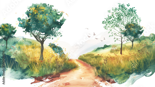 Watercolor painting of a serene nature path with trees. photo