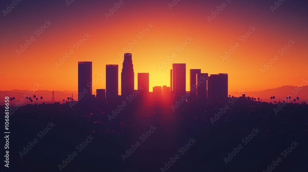 Silhouetted Los Angeles skyline at sunset, featuring high-rise buildings against a vibrant orange and purple sky. Silhouetted Los Angeles skyline at sunset, featuring high-rise buildings against a vibrant orange and purple sky.
