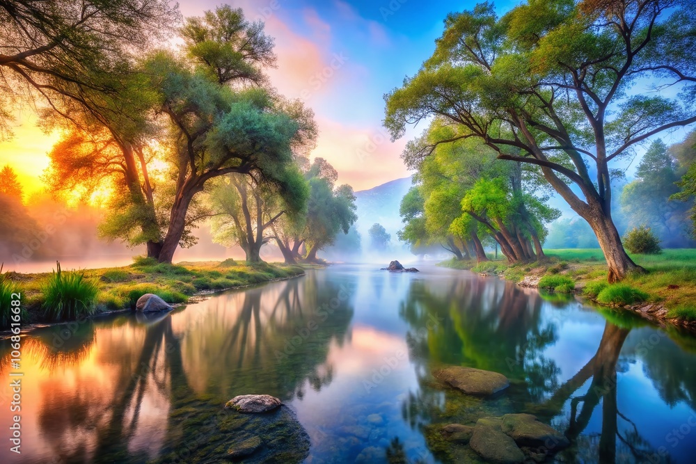 Serene River Scene with Ancient Trees and Ethereal Fog Serene River Scene with Ancient Trees and Ethereal Fog