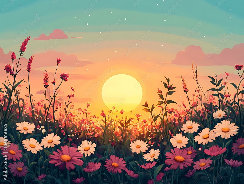 Obraz premium Serene Sunset Over Wildflower Fields