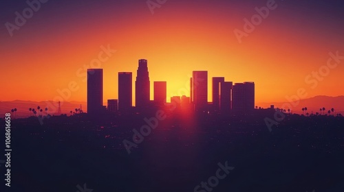 Silhouetted Los Angeles skyline at sunset, featuring high-rise buildings against a vibrant orange and purple sky.