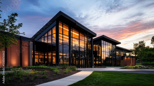 Striking contemporary commercial building with sleek glass steel and wood facade set against a vibrant sunset sky and lush natural landscape  Depicts high end architectural design energy efficiency