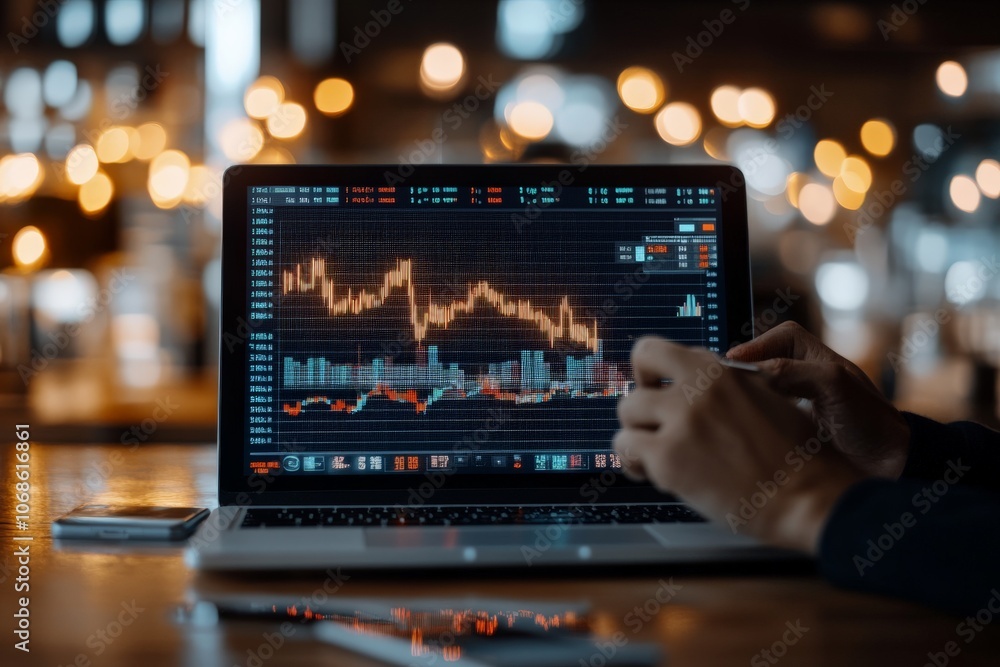 A close-up of hands interacting with a laptop displaying a stock trading graph, set in a dimly lit environment indicating focus and analysis. A close-up of hands interacting with a laptop displaying a stock trading graph, set in a dimly lit environment indicating focus and analysis.