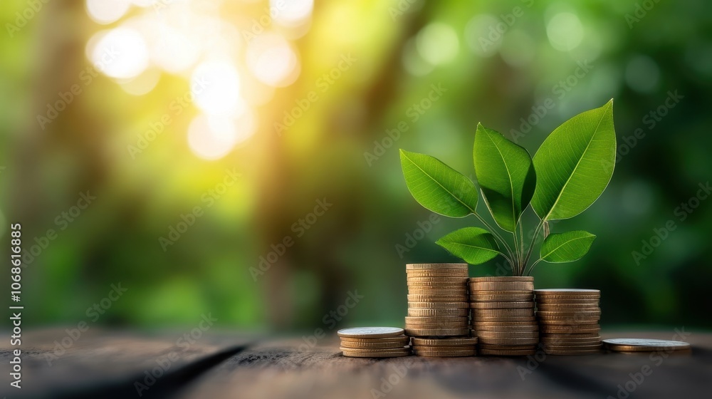 Sustainable financial growth and investment concept represented by stacked coins with a young green plant growing on top Sustainable financial growth and investment concept represented by stacked coins with a young green plant growing on top