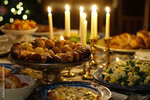 
traditional Jewish dishes for Hanukkah family dinner photo