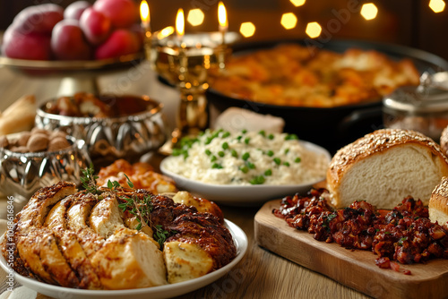 
traditional Jewish dishes for Hanukkah family dinner photo