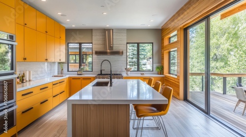 Modern Kitchen with Yellow Cabinets and Island Countertop