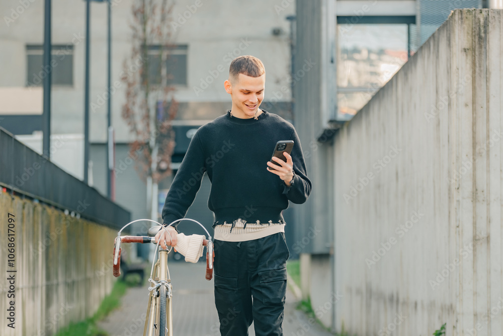 young man with mobile phone and bicycle walking on the street young man with mobile phone and bicycle walking on the street