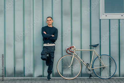 young man with bicycle with street wall background and copy-space