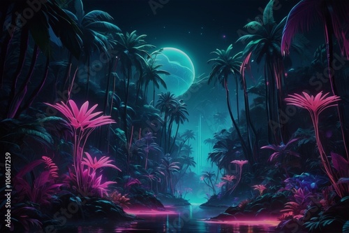 A futuristic tropical landscape with glowing neon plants and trees shining against a dark, moody backdrop.