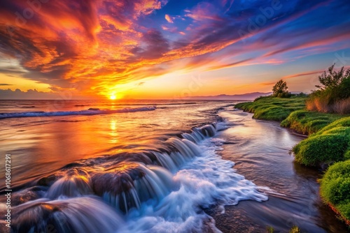 Serene Sunset Over Water Flowing to Ocean - Tranquil Scene with Vibrant Colors, Golden Hour Reflection, Nature's Beauty, Scenic Landscape, Peaceful Waterscape, Coastal Serenity