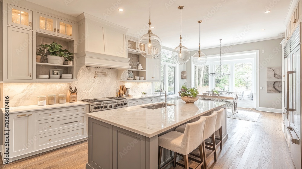 Modern Kitchen with Large Island, Marble Countertops, and Glass Pendant Lights Modern Kitchen with Large Island, Marble Countertops, and Glass Pendant Lights