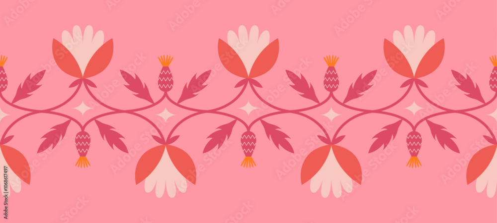 Fototapeta premium Folk floral seamless horizontal border. Traditional slavic scandinavian ornament with rustic embroidery motifs. Clean flat minimal geometric shapes in unique reflected elegant print.