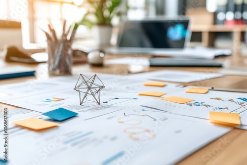 The image features a modern office desk covered with reports, graphs, and colorful notes, with a wireframe geometric sculpture as the centerpiece, embodying innovation.