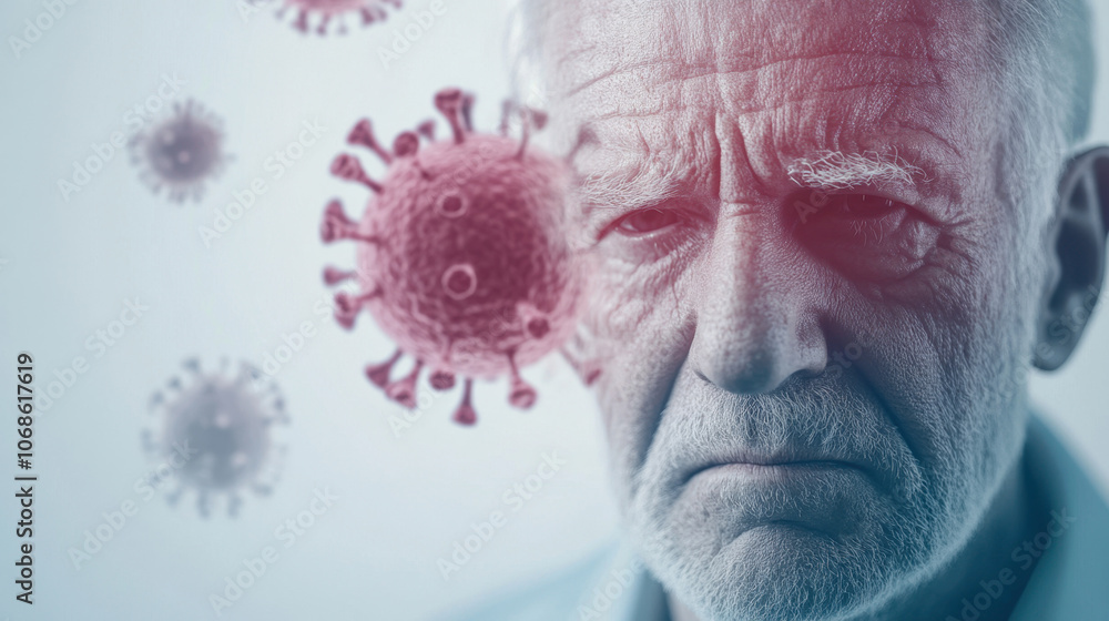 A solemn elderly man gazes intently, with stylized virus illustrations overlaying his image, symbolizing concern about health and the impact of disease. A solemn elderly man gazes intently, with stylized virus illustrations overlaying his image, symbolizing concern about health and the impact of disease.