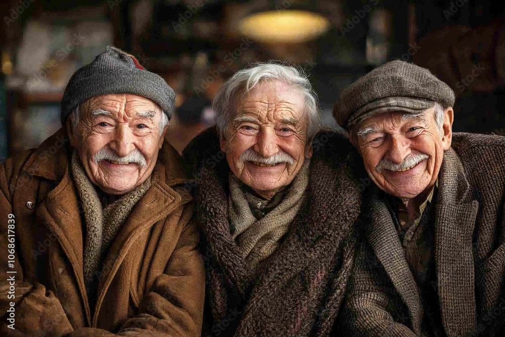 Three elderly men sharing laughter in a cozy indoor setting Three elderly men sharing laughter in a cozy indoor setting