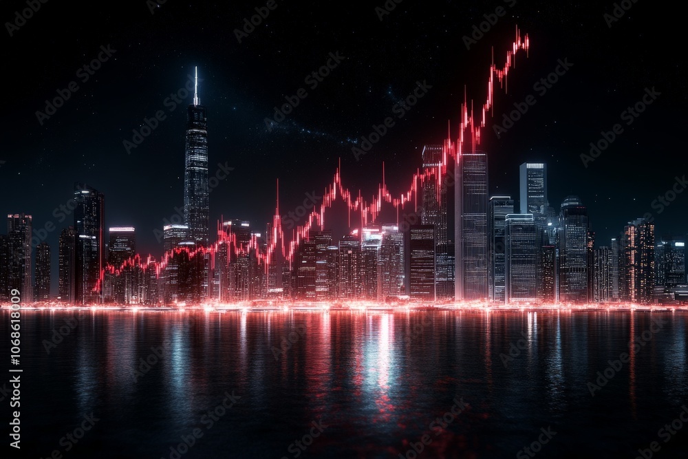 A dramatic cityscape at night with a red line graph overlaying, illustrating fluctuating financial markets against a backdrop of a modern skyline, creating visual intensity. A dramatic cityscape at night with a red line graph overlaying, illustrating fluctuating financial markets against a backdrop of a modern skyline, creating visual intensity.