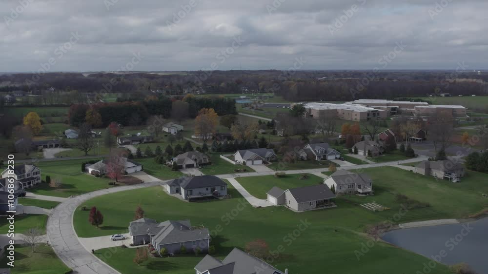 Aerial pullback of fine homes in a rural Indiana neighborhood Aerial pullback of fine homes in a rural Indiana neighborhood