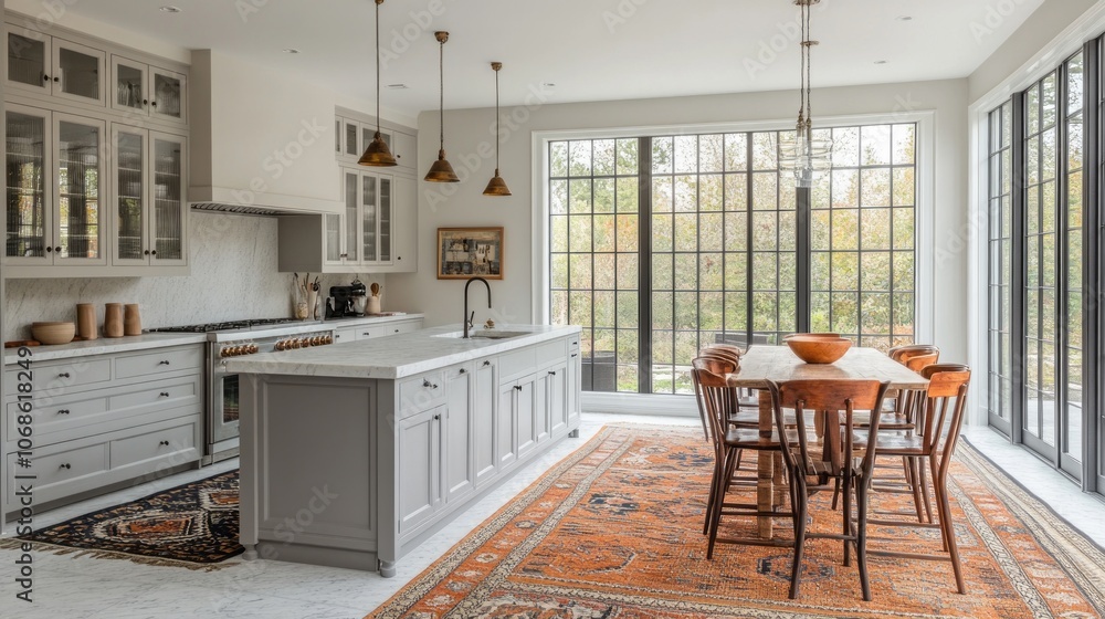 Modern Kitchen with Island, Dining Area, and Large Windows Modern Kitchen with Island, Dining Area, and Large Windows