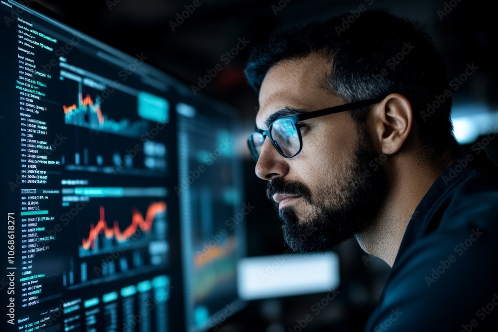 An analyst wearing glasses focuses on data displayed on a computer monitor, highlighting analysis, concentration, and strategic insights in a digital business environment. An analyst wearing glasses focuses on data displayed on a computer monitor, highlighting analysis, concentration, and strategic insights in a digital business environment.