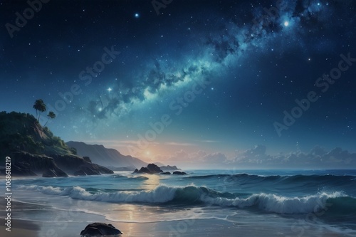 An ocean scene blending with a starry sky, where the water reflects constellations, creating an ethereal ambiance.