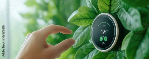 A modern smart thermostat is being adjusted amidst lush green leaves, symbolizing eco-friendly technology and indoor climate control.