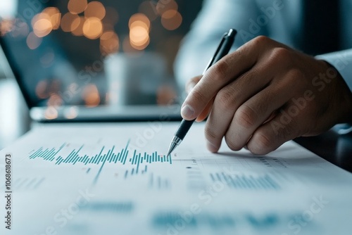 A close-up hand holds a pen above printed graphs, representing data analysis, report generation, and professional business decision-making processes. photo