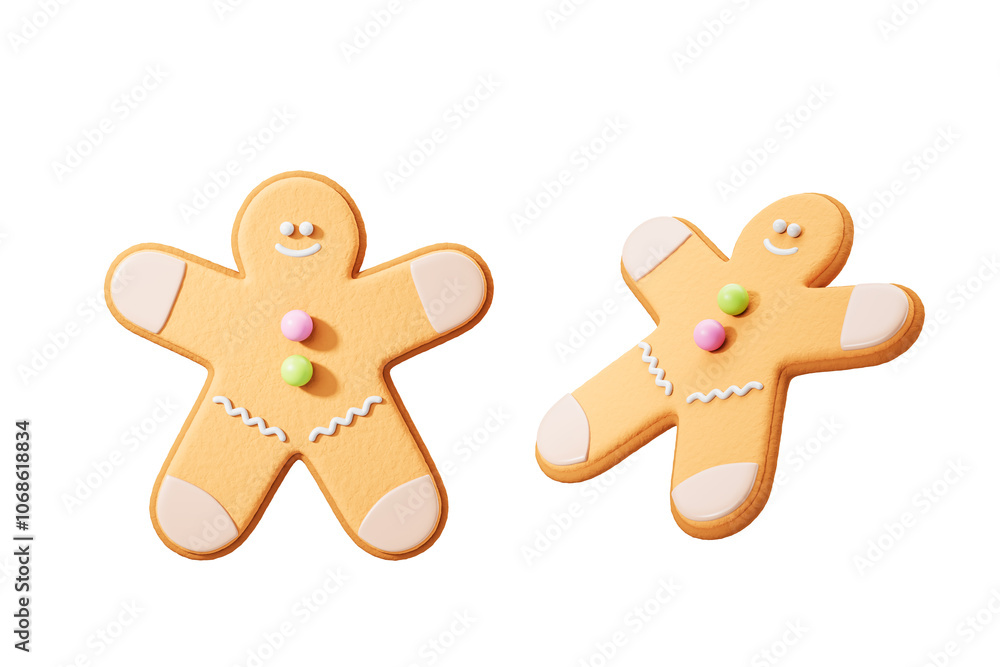 Fototapeta premium Two gingerbread cookies with icing smiles and colorful buttons on a white background. Christmas treat concept. 3D Rendering