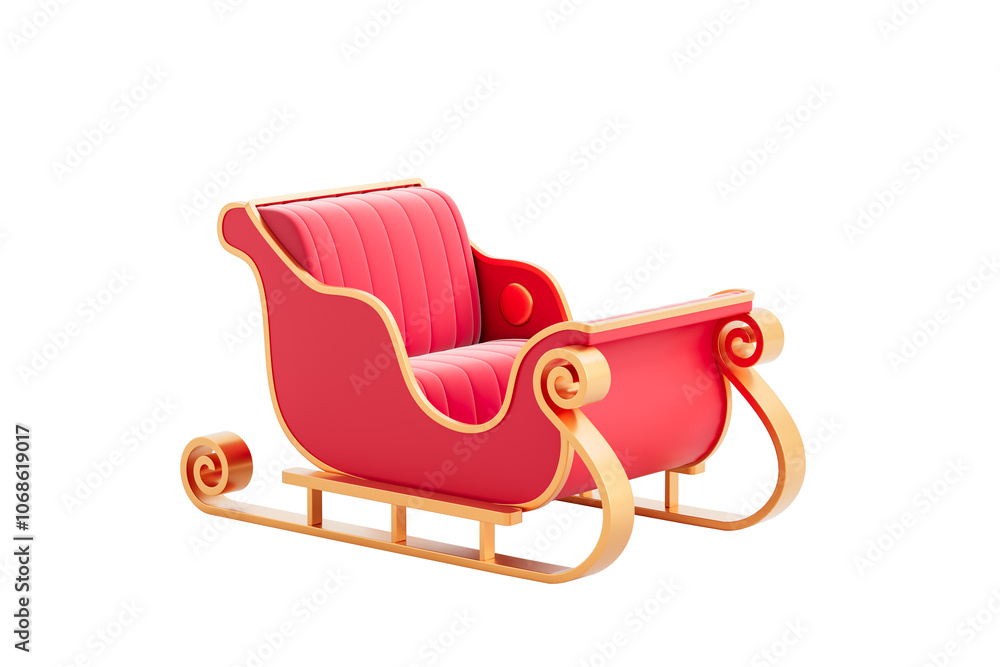 Fototapeta premium Red and gold sleigh with intricate design on a white background. Concept of Christmas decoration. 3D Rendering