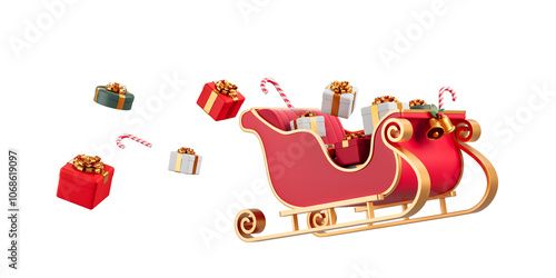 Fotografie Red sleigh filled with gifts and candy canes on a white background, symbolizing Christmas joy and celebration