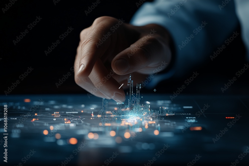 A hand hovers over a digital surface, interacting with a vibrant cityscape illuminated by glowing data points, symbolizing technology's role in urban planning. A hand hovers over a digital surface, interacting with a vibrant cityscape illuminated by glowing data points, symbolizing technology's role in urban planning.