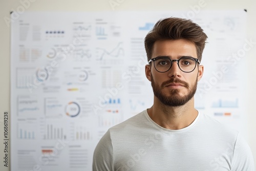 A young man in glasses is positioned before a board full of business charts and graphs, radiating confidence, intelligence, and professionalism. photo