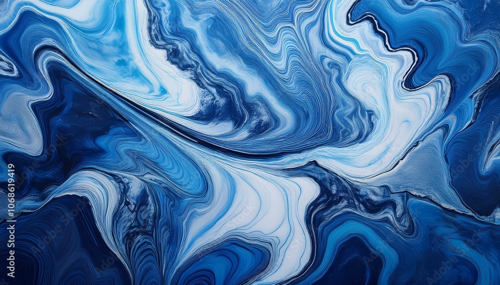 Fototapeta premium 複雑で動きのあるブルーのマーブル模様、ダークブルーとライトブルーの美しい融合 