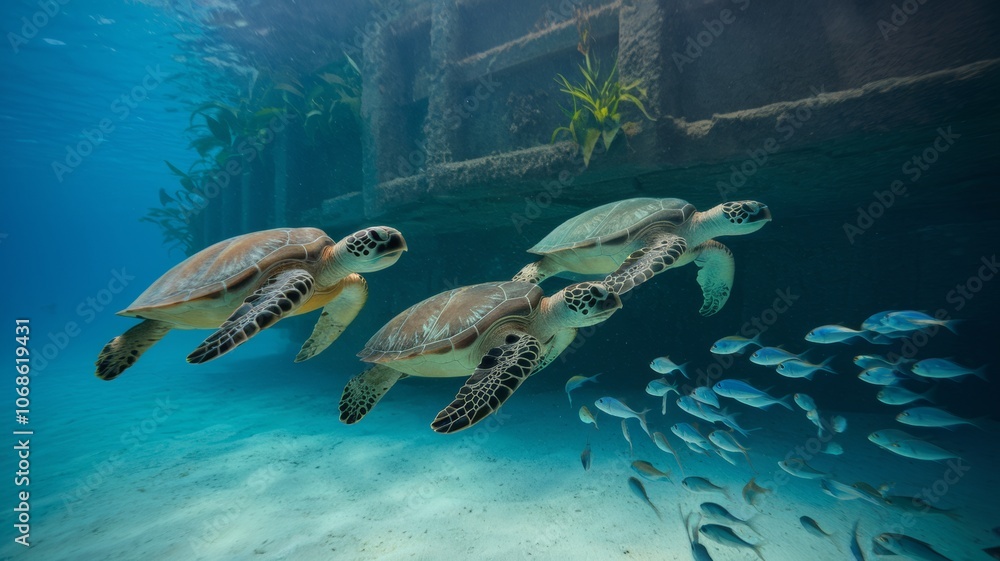 Obraz premium Photo of sea turtles swimming underwater. Three sea turtles swimming in a flock of fish. The water is clear, the bottom is sandy. In the background is a rocky structure with plants growing on it.
