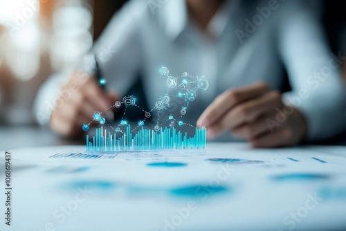 Hands interact with digital graphics on paper, featuring futuristic data visualizations that represent innovation and progress in a modern business context. photo