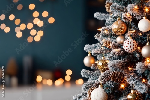 A Christmas tree adorned with glimmering golden ornaments and lights, creating a festive ambiance, exemplifying the elegance and tradition of holiday decorations. photo