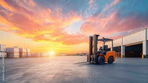 Fototapeta Naklejka Na Ścianę i Meble -  A vibrant sunset illuminates a warehouse area with a forklift parked on the smooth surface, surrounded by shipping containers.
