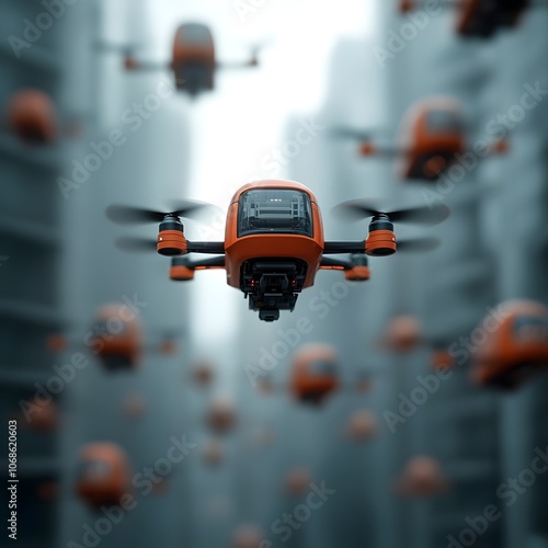 Swarming cargo drones with adaptive modular payloads autonomously sort and deliver goods through a coordinated multimodal exchange network optimizing efficient urban logistics in a towering