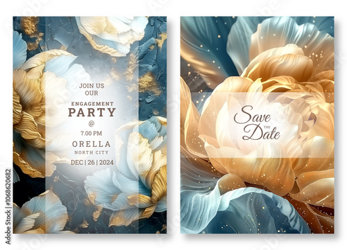 Abstract wedding invitation template, business brochure template, luxury gold and blue floral art flyer design, universal background, versatile vector background, creative brochure template, party