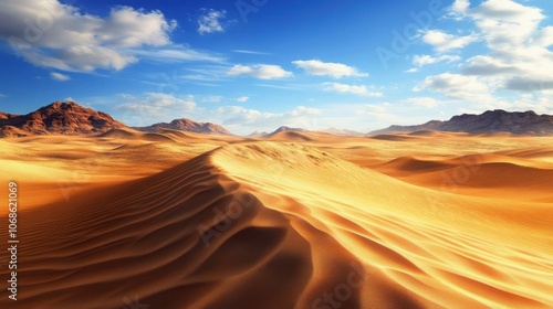 Stunning golden sand dunes under a bright blue sky with fluffy clouds in a serene desert landscape.