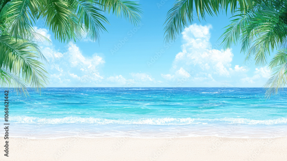 serene tropical beach scene with turquoise water, white sand, and lush palm trees under clear blue sky serene tropical beach scene with turquoise water, white sand, and lush palm trees under clear blue sky