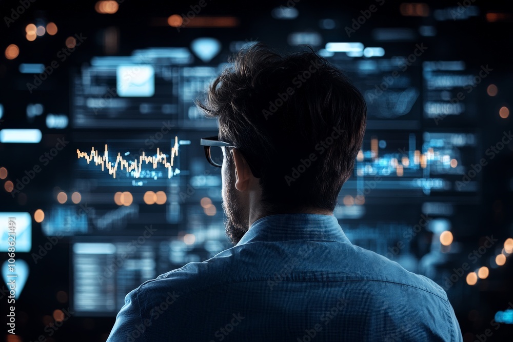 A person is looking at a screen displaying futuristic stock graphics, surrounded by digital data visuals, symbolizing advanced analytics and future markets. A person is looking at a screen displaying futuristic stock graphics, surrounded by digital data visuals, symbolizing advanced analytics and future markets.
