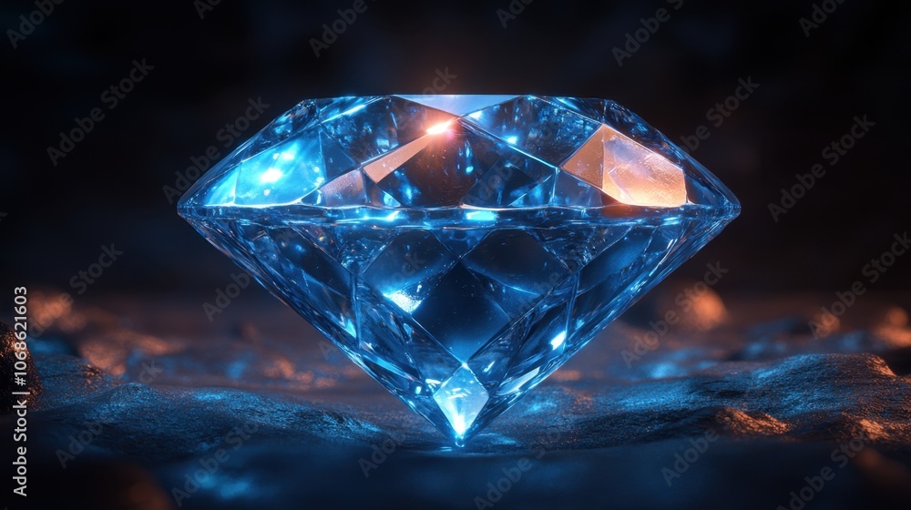 Brilliant blue diamond glimmers in the soft light with a mysterious glow, captivating all who behold its beauty in a darkened environment Brilliant blue diamond glimmers in the soft light with a mysterious glow, captivating all who behold its beauty in a darkened environment